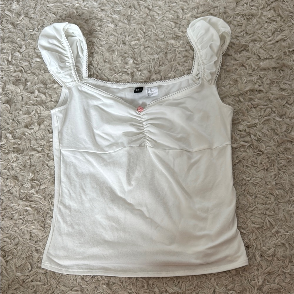H&M White Ruched Cap Sleeve Blouse